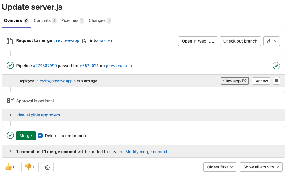 GitLab merge request page with a passed pipeline and a View app button linking to the deployed Preview Environment
