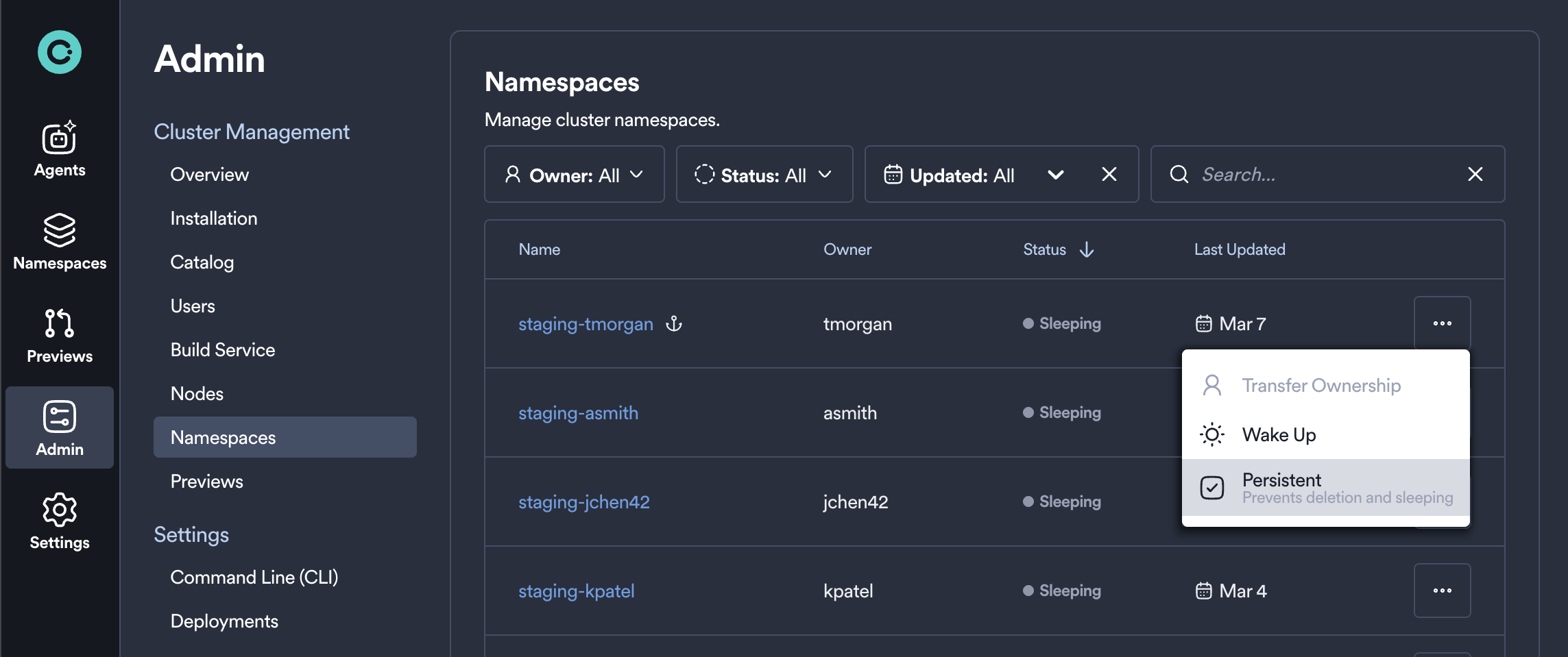 mark a namespace as persistent