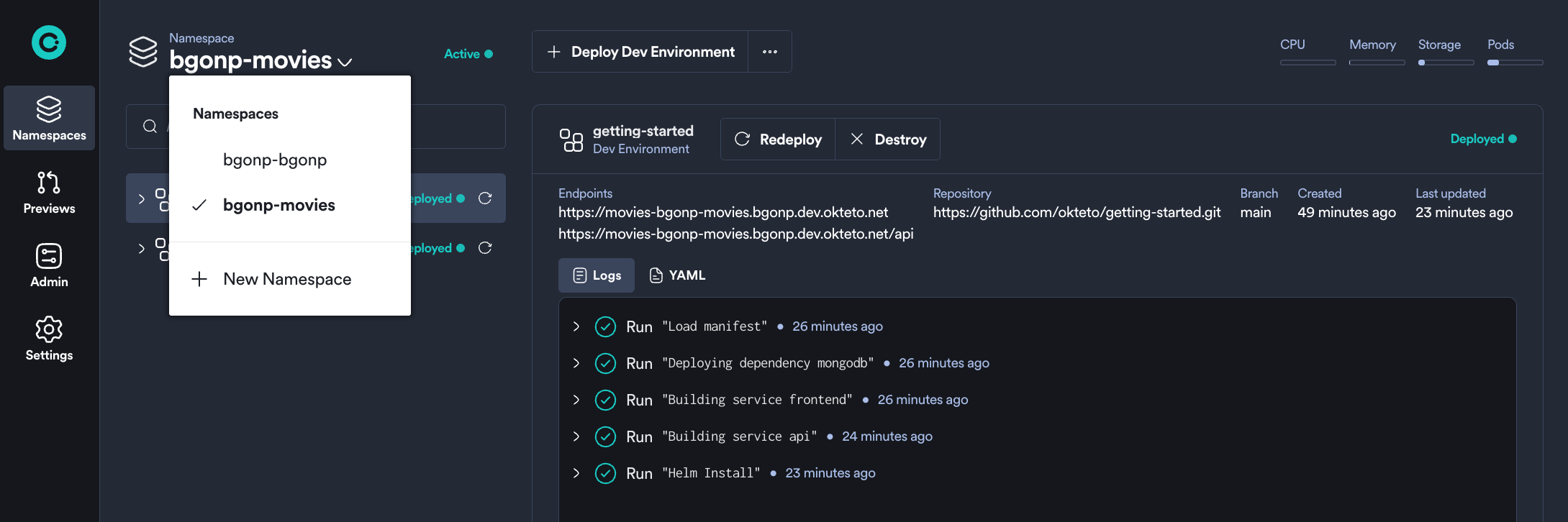 new namespace dialog